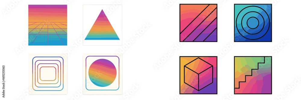 Poster abstract geometric shapes and patterns featuring vibrant gradient colors and a subtle grainy texture