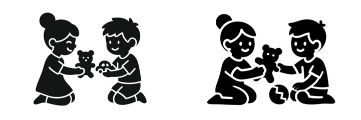 Black and white silhouette icon set of a boy and girl sharing toys and playing together on the floor with a teddy bear and car