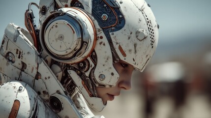 Fototapeta premium Solitude and introspection of a futuristic warrior in the desolate landscape