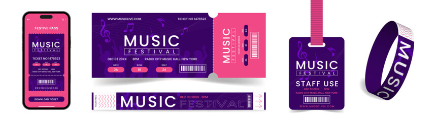 Set of Music Festival Concert Entry Ticket and Bracelet Pass with Mobile Ticket and Staff Pass Template. Event Access Entry Pass