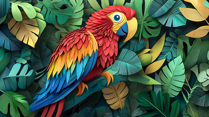 Fototapeta premium A brilliantly colored macaw parrot sits amidst a dense jungle canopy, a stunning digital illustration rendered in a unique and intricate papercraft style