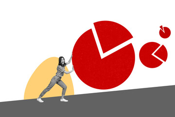 Composite photo collage of happy girl push diagram circle segment statistics business deal success chart isolated on painted background