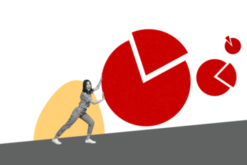 Composite photo collage of happy girl push diagram circle segment statistics business deal success chart isolated on painted background