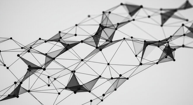 Abstract monochrome plexus structure of interconnected nodes and lines representing a digital network on a white background.