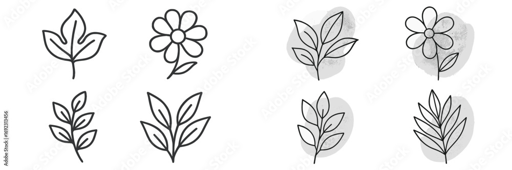 Poster collection of minimalist botanical line art elements with various leaves and simple flowers on a whi