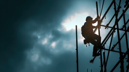 Construction worker climbing scaffolding against the dramatic sky