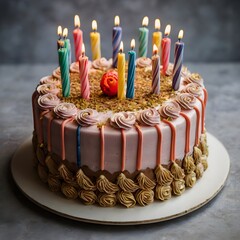 Festive birthday cake with lit candles and colorful sprinkles isolated on transparent background