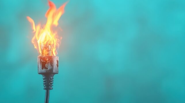 Electrical plug on fire with blue background creating a striking visual effect