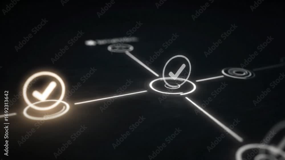 Poster illuminated checkmark icons within an abstract digital network visualize successful data processing,