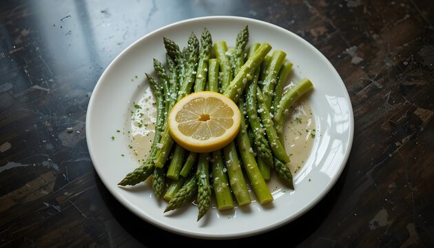 Steamed asparagus with lemon on white plate, soft overhead light
- Powered by Adobe