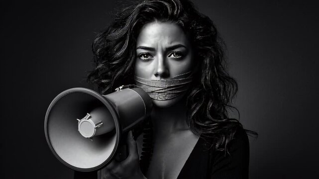 A woman with a megaphone and tape over her mouth conveys a powerful message about censorship and the suppression of speech.