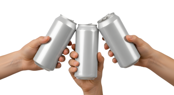 Three Hands Holding Beverage Cans for Cheers Cut Out PNG.