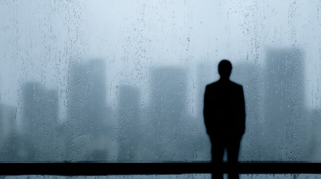 Silhouette of a man looking out a window in the rain