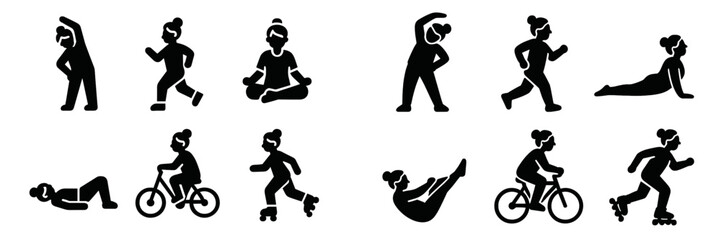 Woman exercise and fitness activity icon set showing various physical workouts like running, yoga, cycling, and stretching