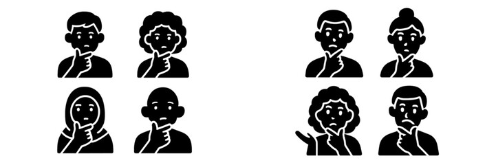Set of diverse people icons with thinking and pondering expressions, black glyph symbols of men and women with confused faces isolated on a white background