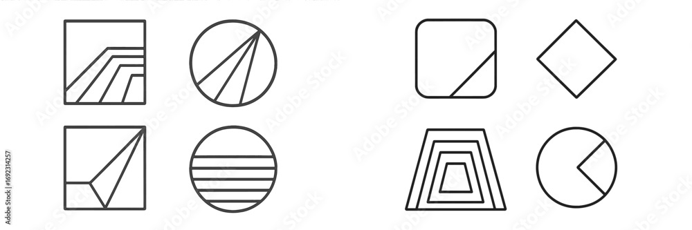 Poster set of minimalist geometric shapes and abstract line art icons for modern branding and logo design e