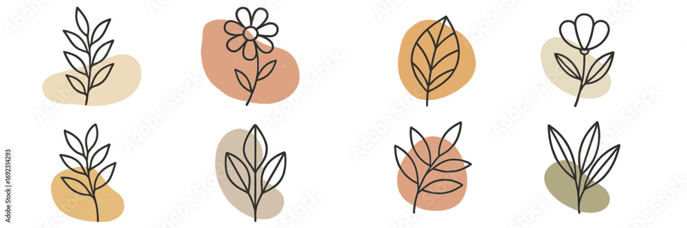 Poster set of minimalist botanical line art icons with abstract boho shapes in earth tones on a white backg