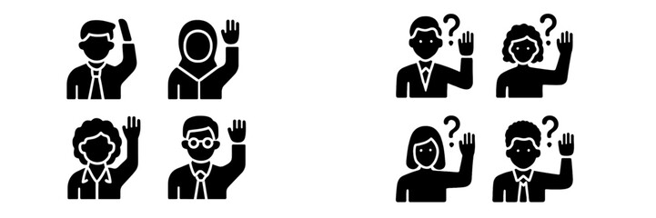 Solid black glyph symbols of diverse men and women raising hands to ask questions, volunteer, or participate in a discussion