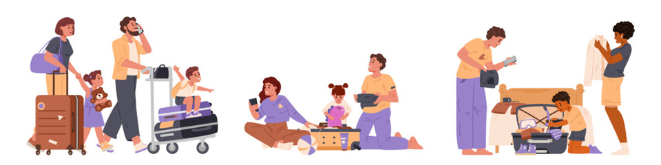 Set of different families going on vacation flat vector illustrations isolated on white. Parents with children packing suitcases, walking in airport with luggage cart, checking list of things to take.