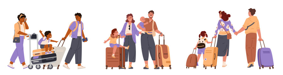 Set of different families going on vacation flat vector illustrations isolated on white. Parents with children walking in airport with luggage cart, standing together with suitcases, pulling suitcases