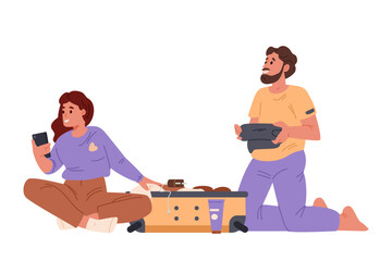 Happy young couple packing a suitcase sitting on the floor flat vector illustration isolated on white.