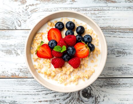 Bowl of cereal with berries and milk