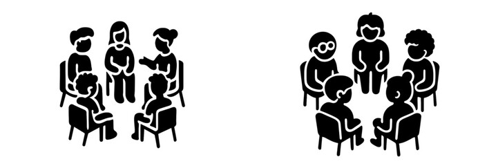 Group therapy session and support meeting icons with people sitting in a circle for discussion and counseling