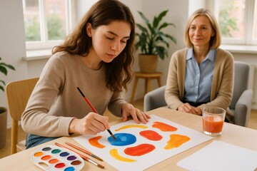 Fototapeta premium Patient painting colorful shapes during art therapy session with her counselor, expressing emotions and thoughts through creative process