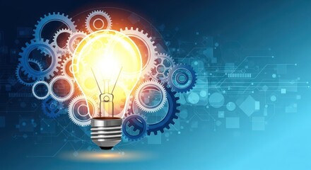 Bright light bulb surrounded by gears represents innovation and ideas.