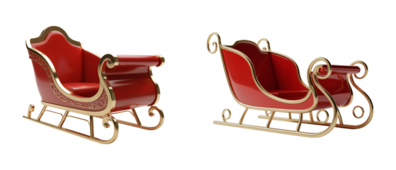 Elegant red sleigh with ornate gold trim festive holiday designs and winter magic isolated on png transparent background