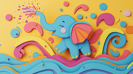 Fototapeta premium A whimsical baby elephant joyfully sprays colorful water from its trunk in a playful, layered paper art landscape. This cute 3D illustration is perfect for a happy celebration or nursery decoration