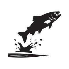 Silhouette Icon of Large Jumping Fish Leaping Out of Water.