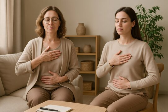 Therapist and patient practicing breathing exercises together, focusing on mindfulness and stress reduction techniques during a therapy session