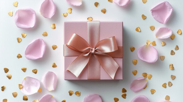 Pink gift box with rose petals and golden confetti celebrating love and romance - Powered by Adobe