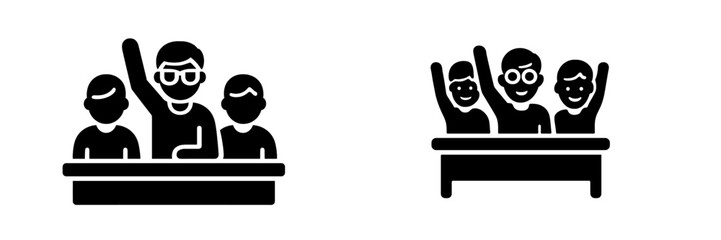Classroom participation solid glyph icon set with students raising hands to ask questions or volunteer during a lesson