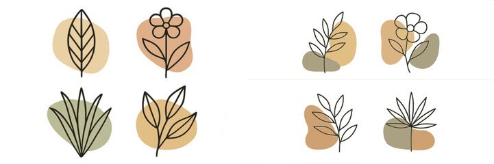 Fototapeta premium Abstract botanical elements with continuous line art leaves and flowers over organic shapes in natural earth tone colors