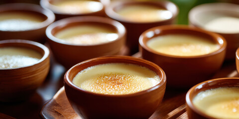 Thai coconut milk custard dessert in brown ceramic bowls arranged on wooden tray, warm and inviting close up view