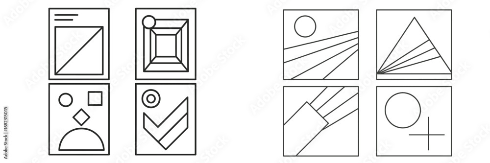 Poster set of minimalist geometric shapes and abstract symbols in a modern line art style for contemporary 