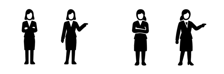 Set of businesswoman silhouettes in different poses, including standing with arms crossed and pointing for a presentation