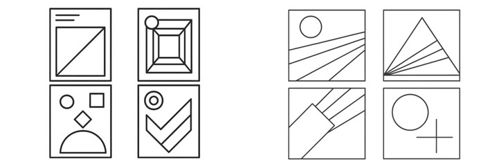 Set of minimalist geometric shapes and abstract symbols in a modern line art style for contemporary design elements