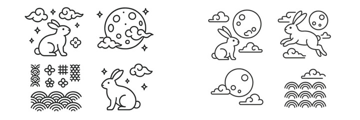 Mid-Autumn Festival icon set with moon rabbit, full moon, clouds, and traditional Asian patterns in a minimal line art style