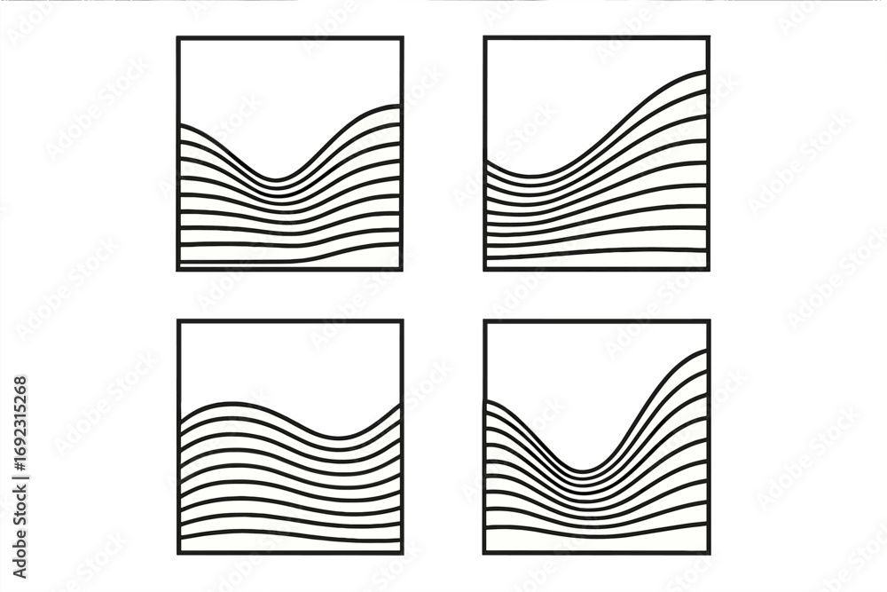 Poster minimalist black and white abstract geometric design set with wavy parallel lines creating a modern 