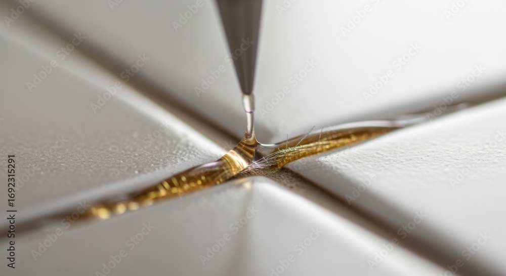 Poster macro shot of crack repair process using epoxy on ceramic tile highlighting the subtle fill blending