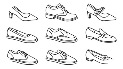 Assortment of Nine Black and White Line Art Shoe Illustrations shoes footwear