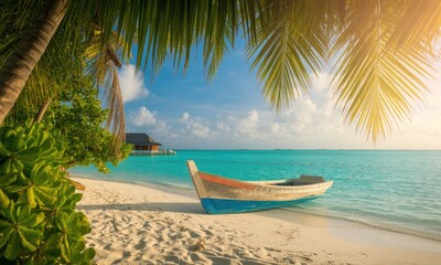 Fototapeta premium Tropical beach scene with boat. Palm trees frame a tranquil turquoise ocean, with a small boat on the light-sand shore. A wooden hut is visible on stilts in the background