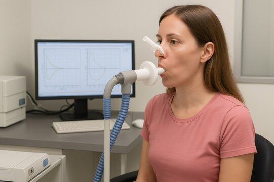 Woman breathing into spirometer during pulmonary function test in clinic, checking respiratory health