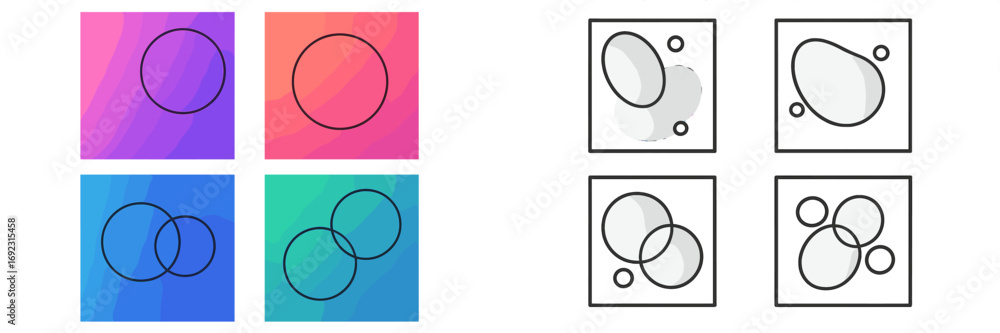 Poster modern abstract geometric design elements with colorful gradients and neumorphic style icons on a wh