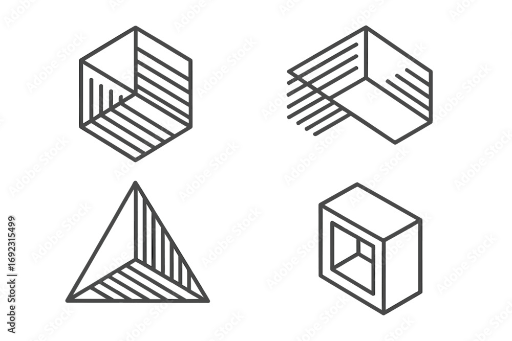 Poster set of abstract geometric shapes with isometric perspective and linear design elements for modern lo