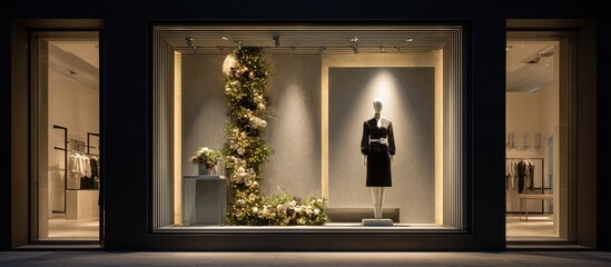 Modern retail store minimalist Christmas window display featuring single mannequin decorated with festive accessories, clean lines and luxury shopping vibe, high end commercial holiday concept