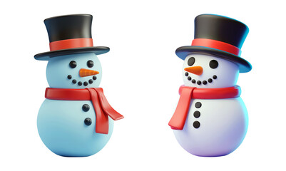 Two cheerful snowmen with black hats and red scarves ready for winter celebrations and holiday fun isolated on png transparent background